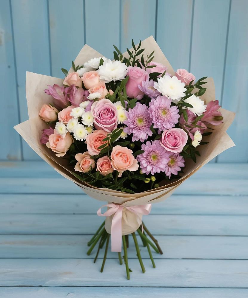 Букет цветов из: Хризантемы, Розы и Альстромерии в Зеленогорске Ленинградской области