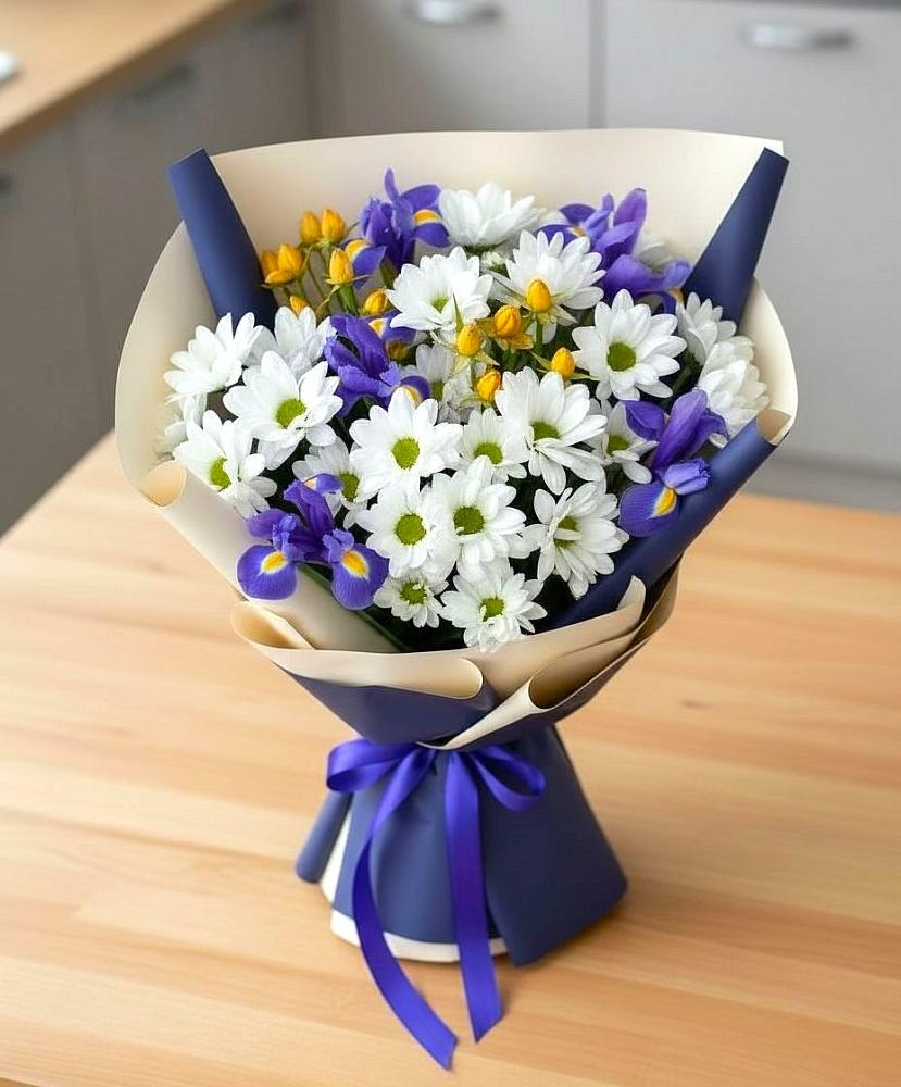 Букет цветов из: Розы, Ирисы и Хризантемы в Зеленогорске Ленинградской области