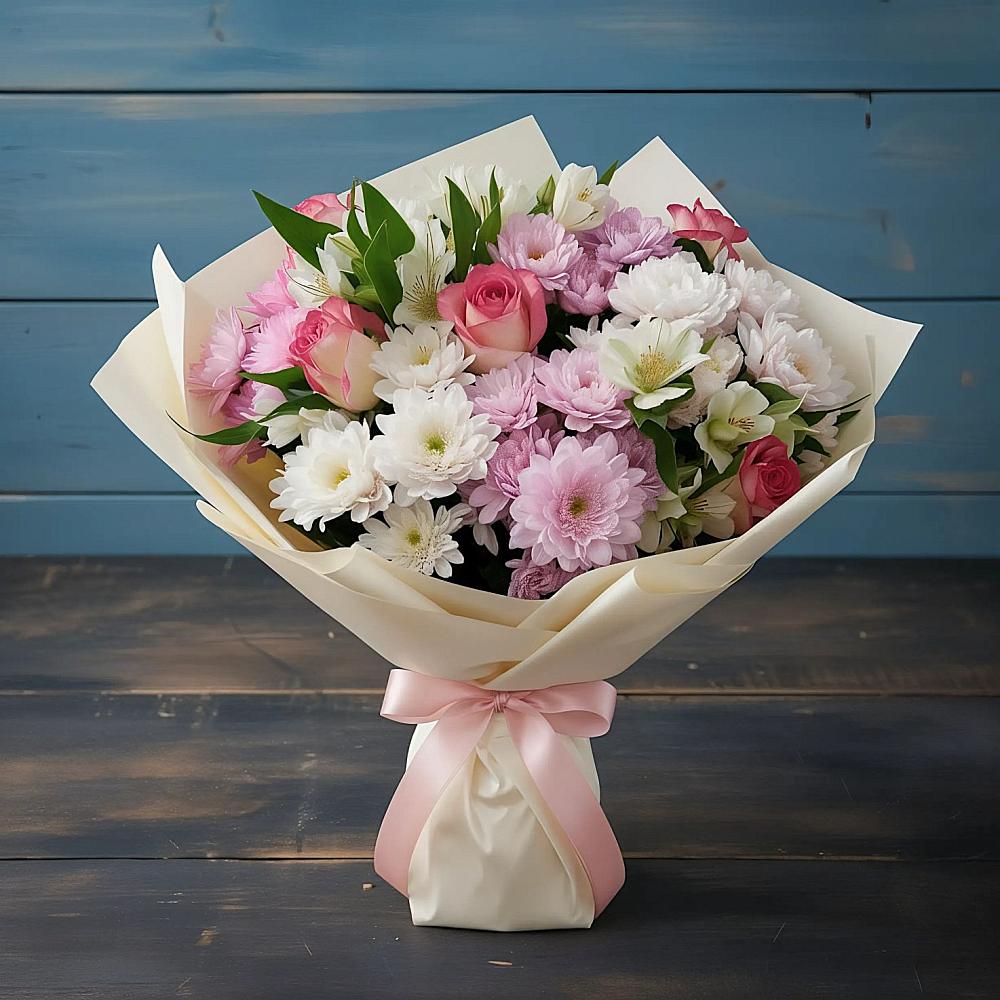 Букет цветов из: Хризантемы, Альстромерии и Розы в Зеленогорске Ленинградской области